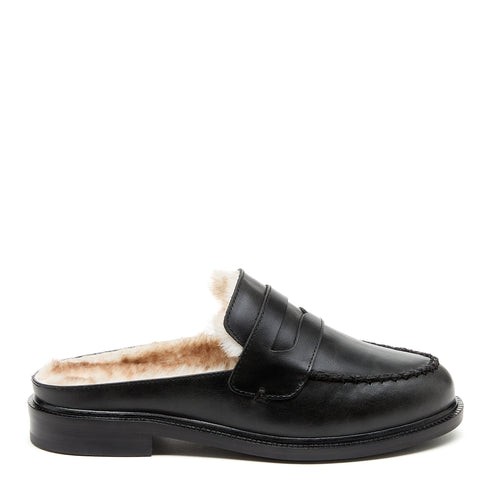 Lock Faux Fur Loafer Mules